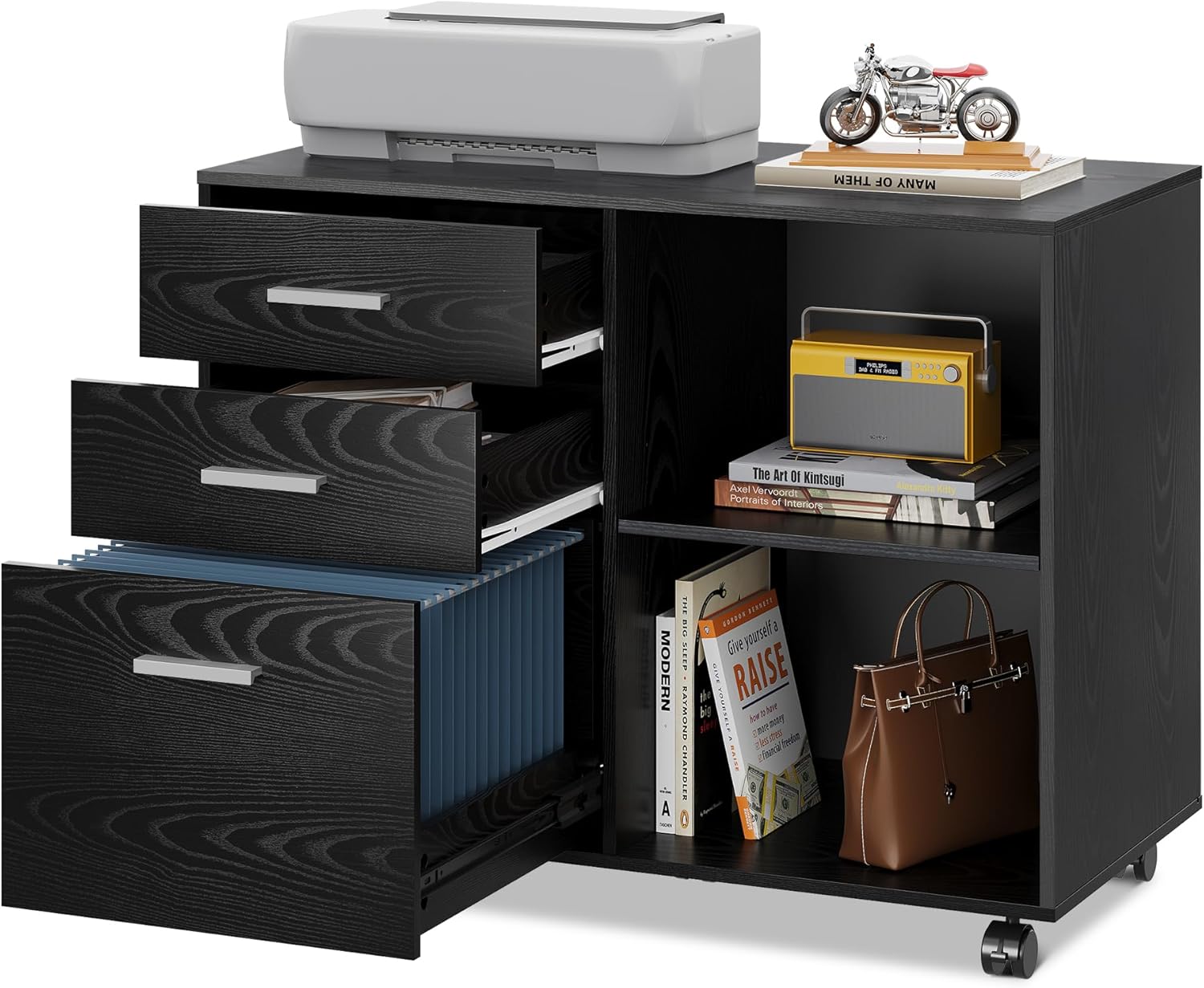 Mobile Black Wood Grain Filing Cabinet